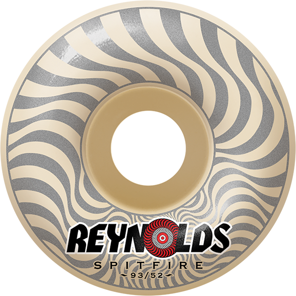 Skateboard wheel with Reynolds Spitfire logo on a white background