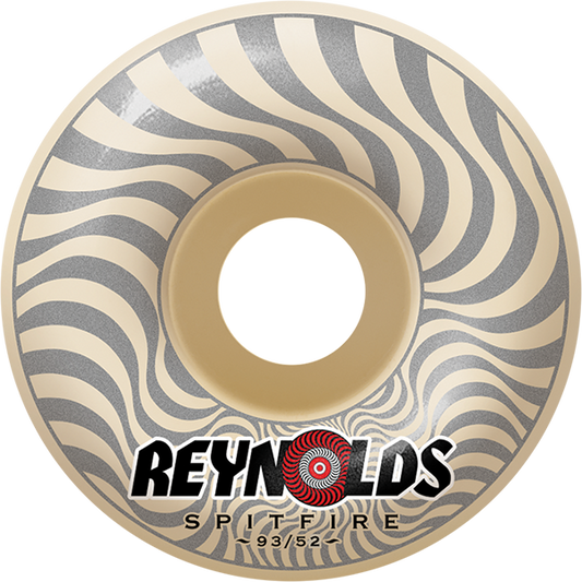 Skateboard wheel with Reynolds Spitfire logo on a white background
