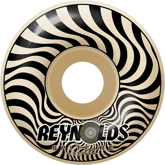 Skateboard wheel with black and beige pattern and Reynolds logo