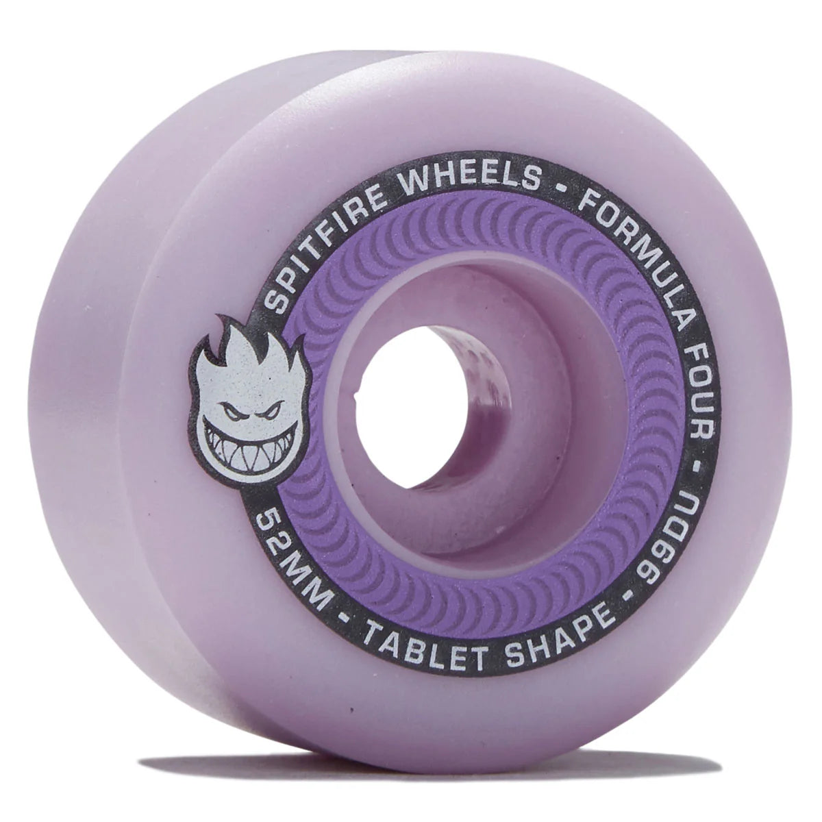 A single lavender purple skateboard wheel by Spitfire Wheels, featuring the brand's flame head logo and specifications printed on the inner ring.