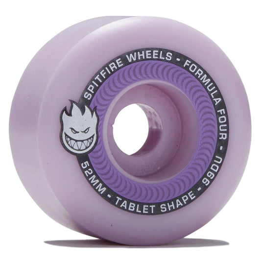 A single lavender purple skateboard wheel by Spitfire Wheels, featuring the brand's flame head logo and specifications printed on the inner ring.