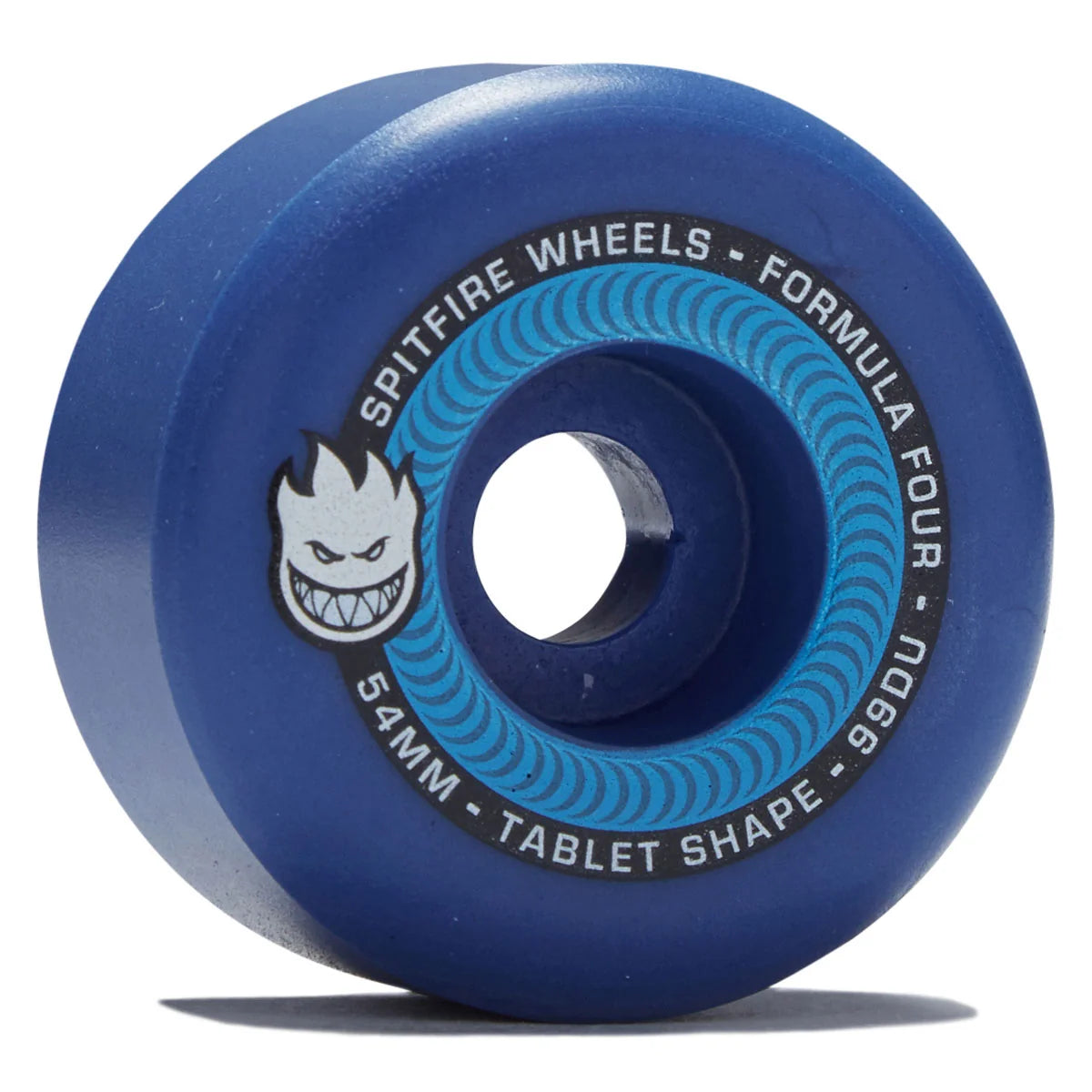 A single blue skateboard wheel with a black and white Spitfire Wheels logo and text, shown on a clean white background with a soft shadow underneath.