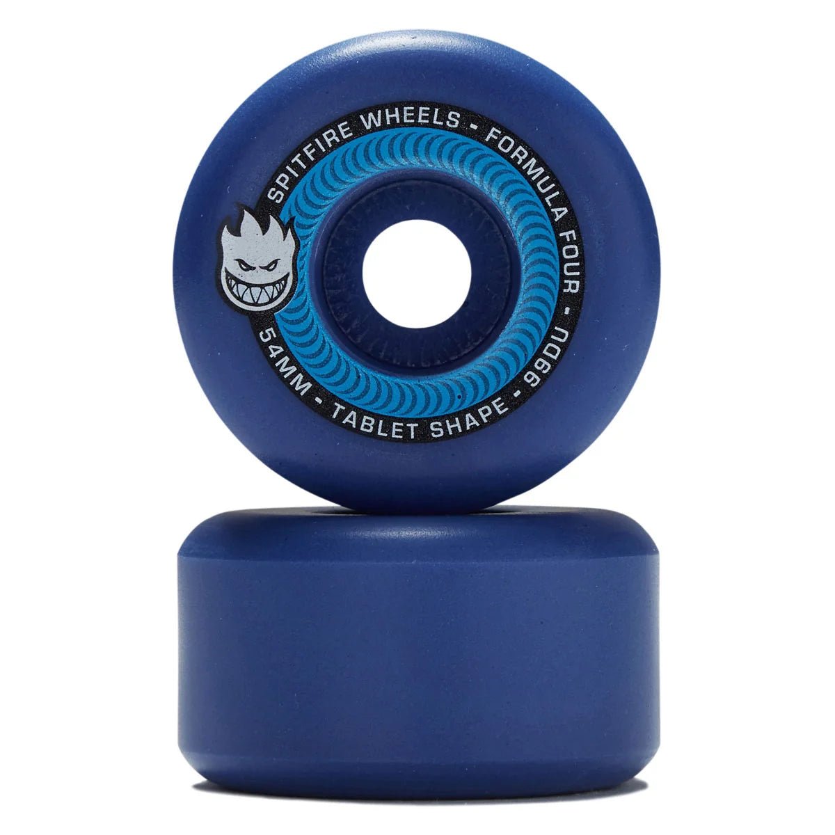 Two blue Spitfire Wheels skateboard wheels stacked vertically on a white background, with the top wheel showing the Spitfire logo and product specifications.