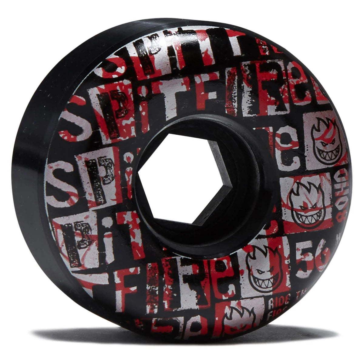 A single skateboard wheel by Spitfire, featuring a black base with a distressed red and white graphic pattern of logos and flames, shown on a clean white background with a soft shadow.