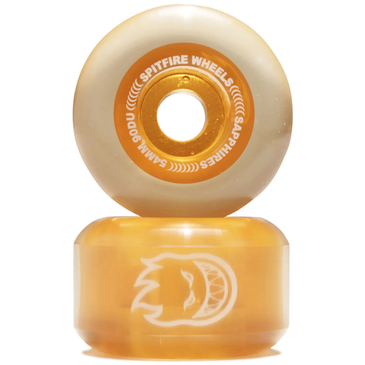 Two yellow skateboard wheels with orange centers on a white background