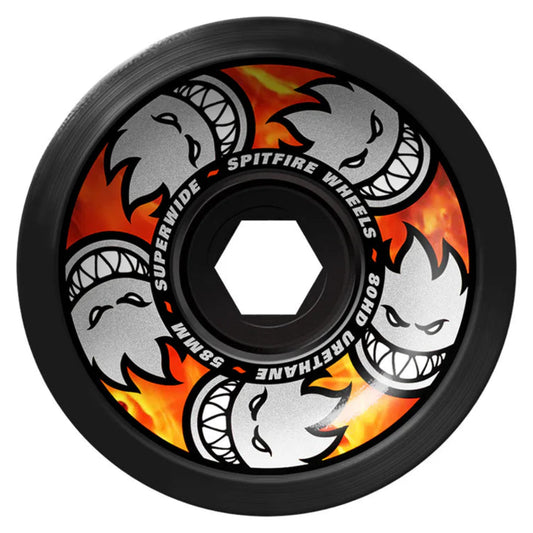 Skateboard wheel with fiery design and visible brand logo on a white background
