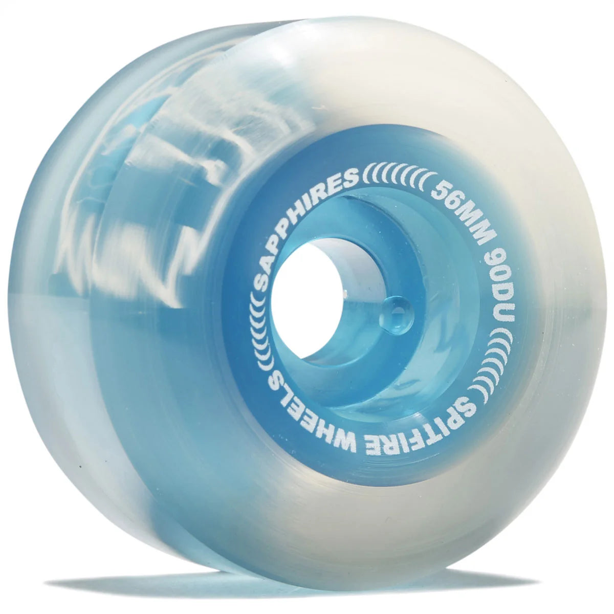 Skateboard wheel with blue and clear design on a white background