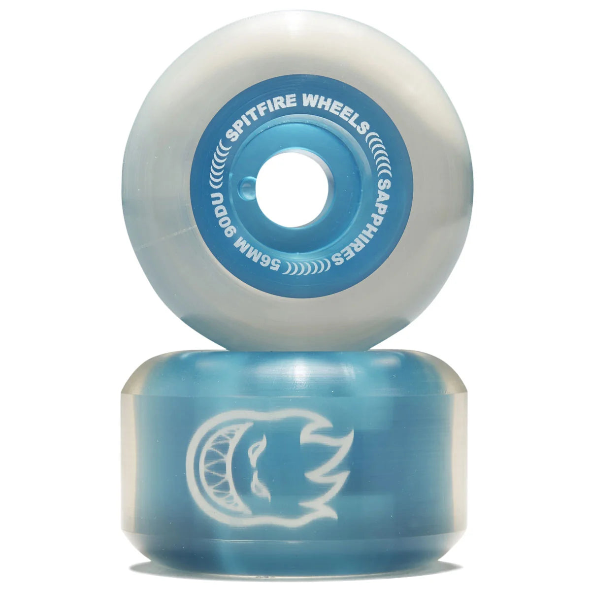 A pair of translucent light blue skateboard wheels stacked vertically on a white background. The top wheel shows the inner core with white text reading 'SPITFIRE WHEELS' and 'SAPPHIRES 56MM 90A'.