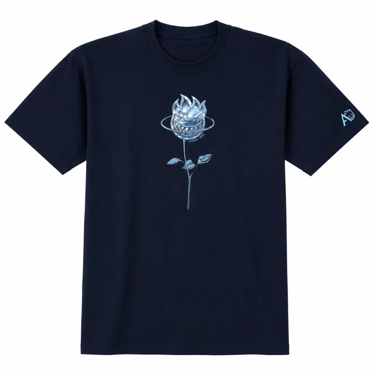 A navy blue short-sleeve crewneck t-shirt featuring a light blue graphic of a skull wearing a crown and halo on the chest, with a small matching logo on the right sleeve.