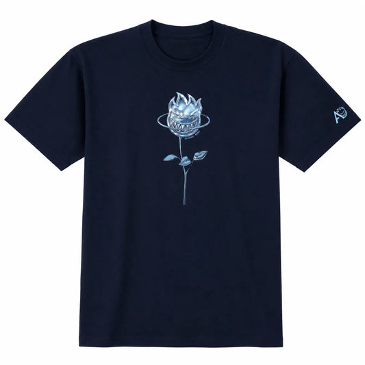 A navy blue short-sleeve crewneck t-shirt featuring a light blue graphic of a skull wearing a crown and halo on the chest, with a small matching logo on the right sleeve.