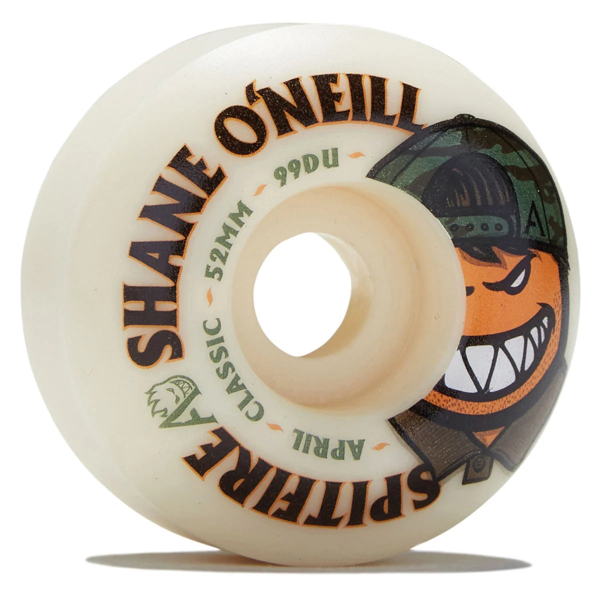 A single Shane O'Neill Spitfire Classic skateboard wheel, featuring an off-white urethane body with printed graphics of the brand name and a cartoon character on a clean white background.