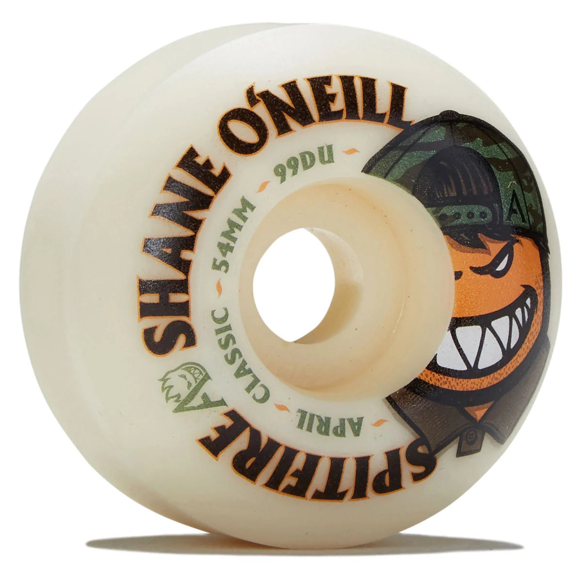 A single Shane O'Neill Spitfire skateboard wheel in an off-white urethane, featuring a graphic of a smiling orange face with a green camouflage cap and black text on a white background.
