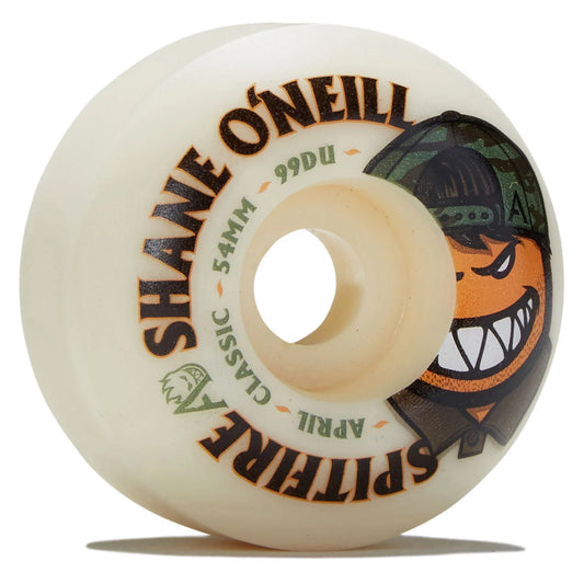A single Shane O'Neill Spitfire skateboard wheel in an off-white urethane, featuring a graphic of a smiling orange face with a green camouflage cap and black text on a white background.
