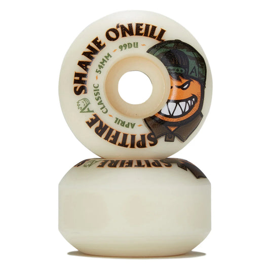 Two off-white Spitfire skateboard wheels stacked vertically on a white background, featuring the 'Shane O'Neill' graphic and text.