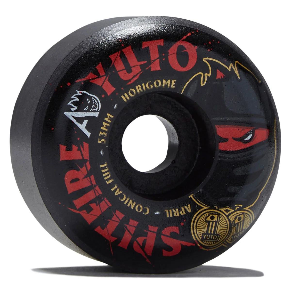 A single black Yuto Horigome skateboard wheel with red and gold graphics, shown on a white background with a soft shadow.