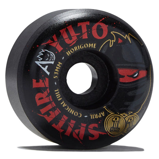 A single black Yuto Horigome skateboard wheel with red and gold graphics, shown on a white background with a soft shadow.