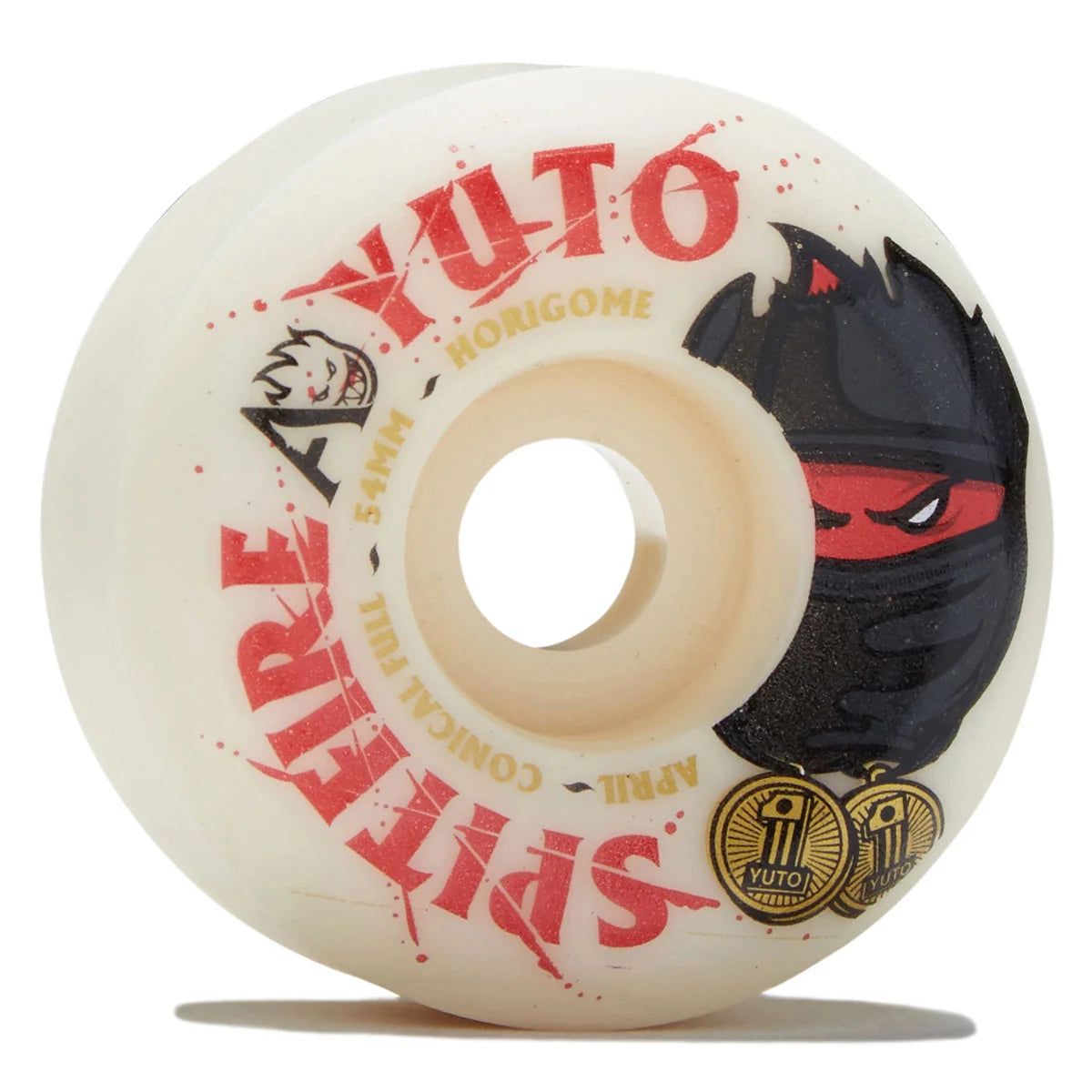 A single white Spitfire Ayuto skateboard wheel with red and black graphics, including a ninja face and gold text, shown on a white background with a soft shadow.