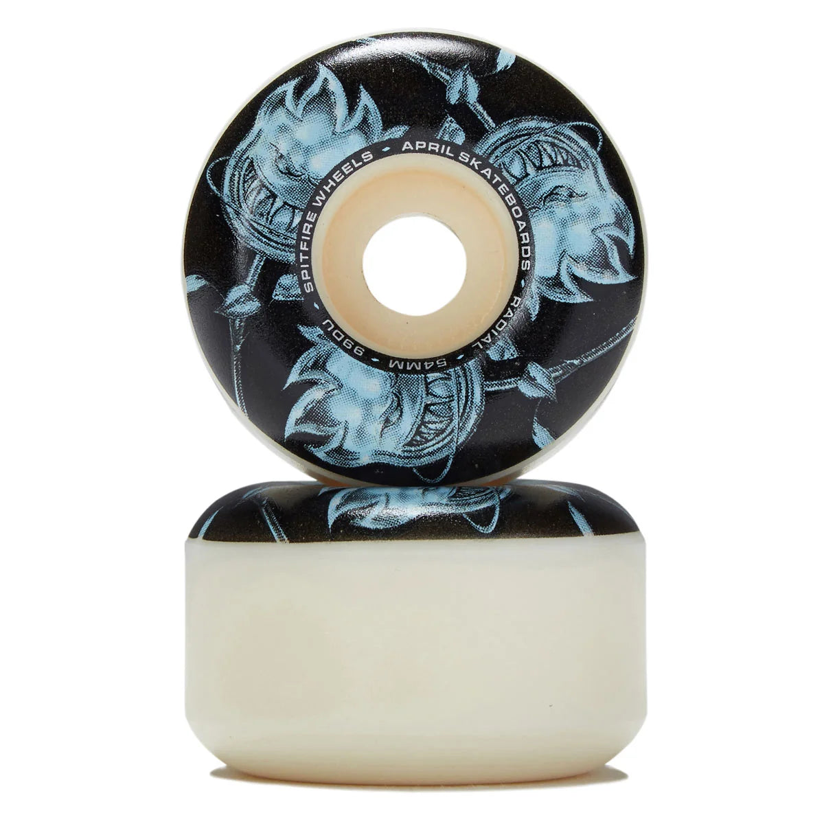A pair of skateboard wheels stacked vertically on a white background. The top wheel shows the printed side with a black background, light blue dragon illustrations, and white text reading 'spitfire Wheels - April Skateboards'.