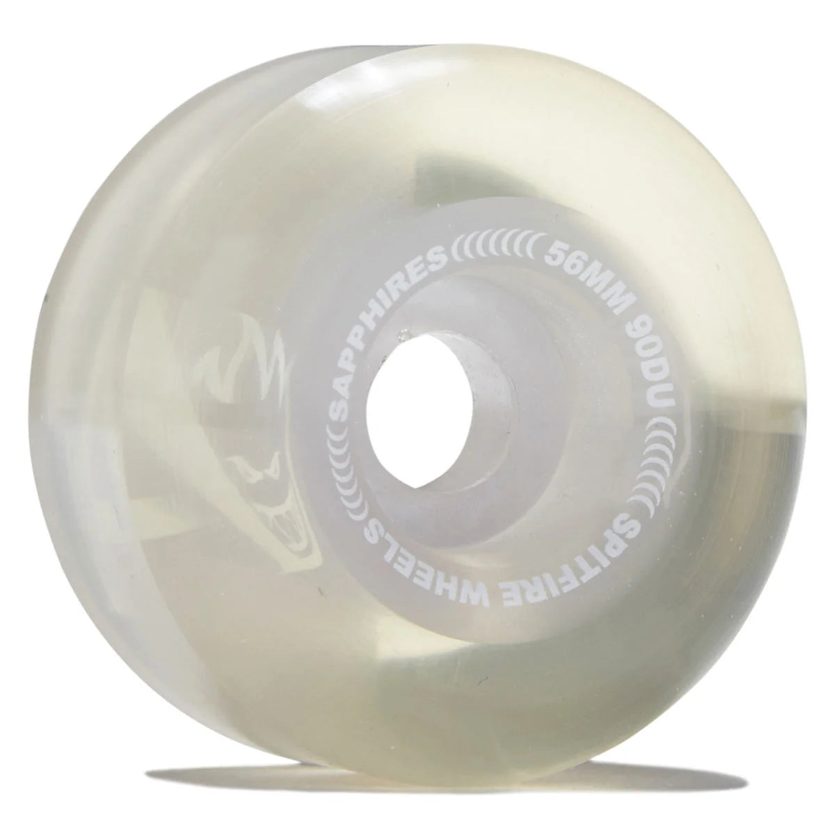 A single translucent skateboard wheel with white printed text reading 'SAPPHIRES' and 'SPITFIRE WHEELS 56MM 90DU' on a clean white background.