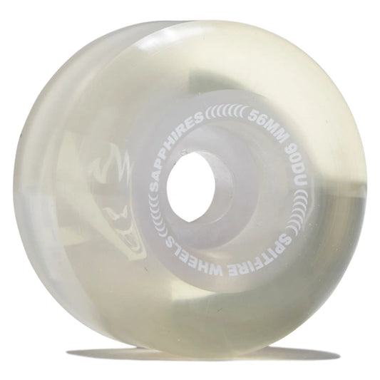 A single translucent skateboard wheel with white printed text reading 'SAPPHIRES' and 'SPITFIRE WHEELS 56MM 90DU' on a clean white background.