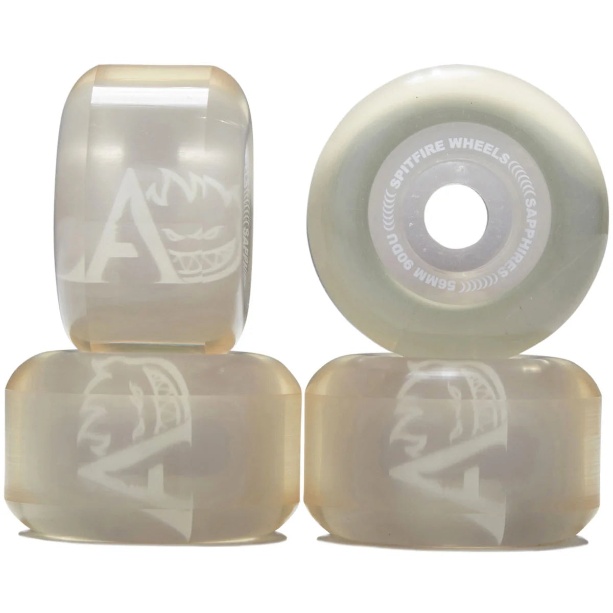Four translucent semi-hard skateboard wheels arranged in a 2x2 grid on a white background. Two wheels are shown upright with a white graphic logo, and two are shown lying flat.