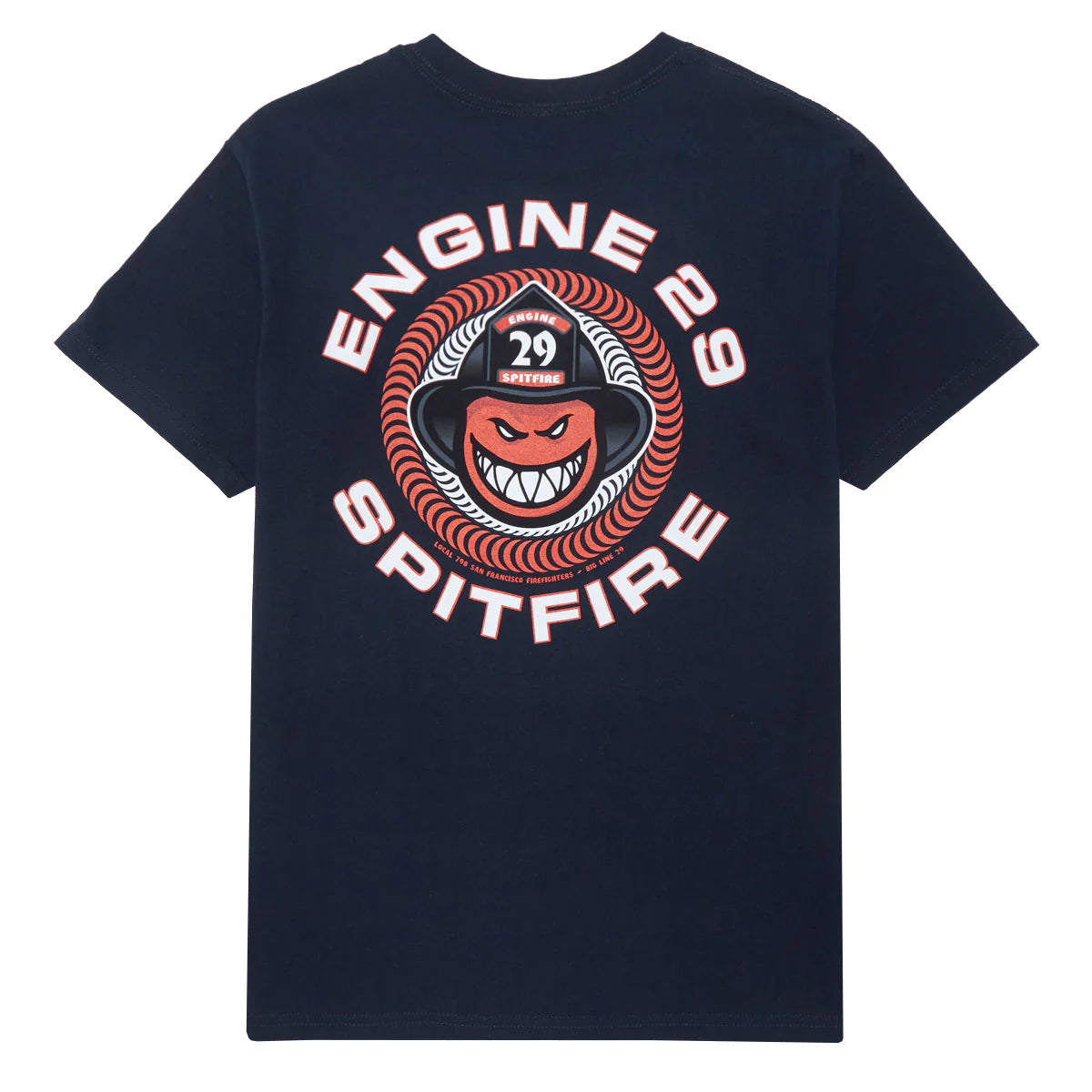 Navy t-shirt with 'Engine 29 Spitfire' graphic on a white background