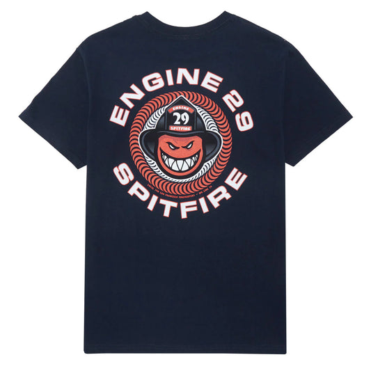 Navy t-shirt with 'Engine 29 Spitfire' graphic on a white background