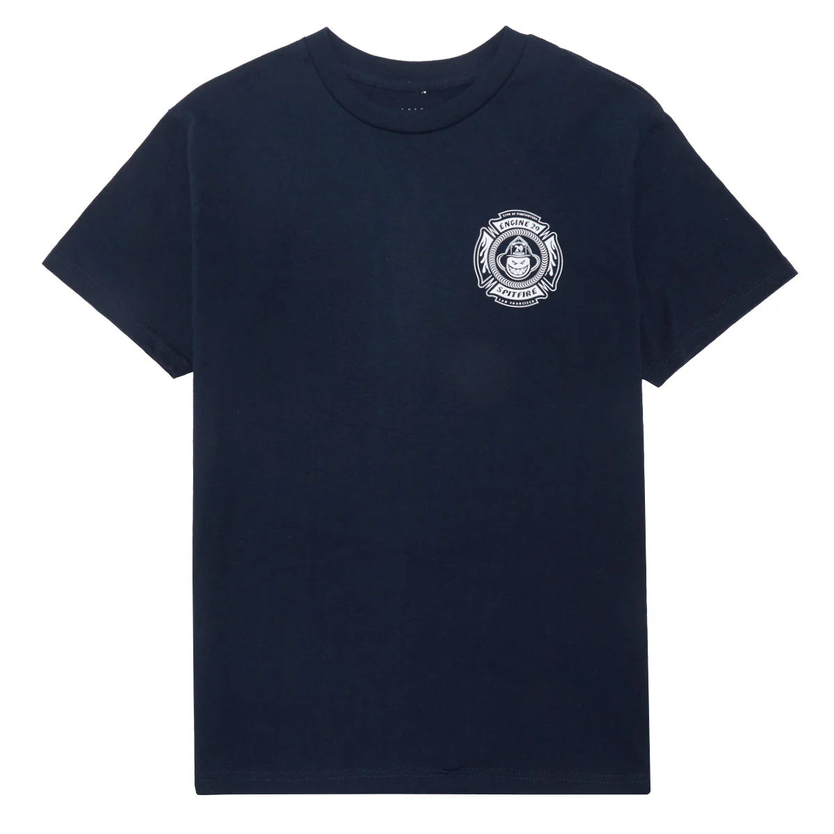 Navy blue t-shirt with a white emblem on a white background