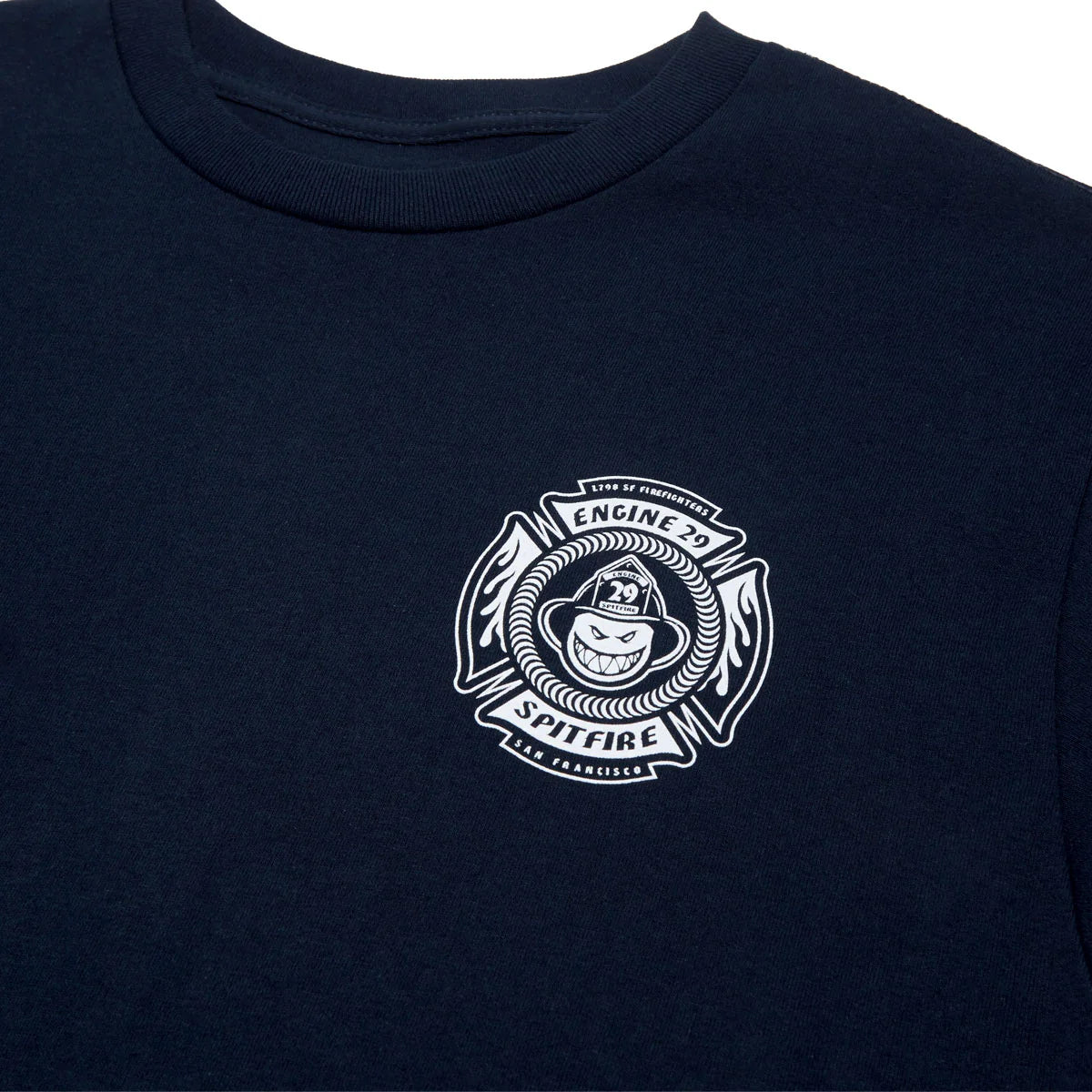 Navy blue t-shirt with a white logo on the chest