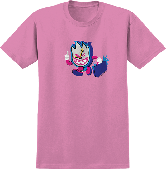 Pink t-shirt with a cartoon character holding a briefcase on a white background