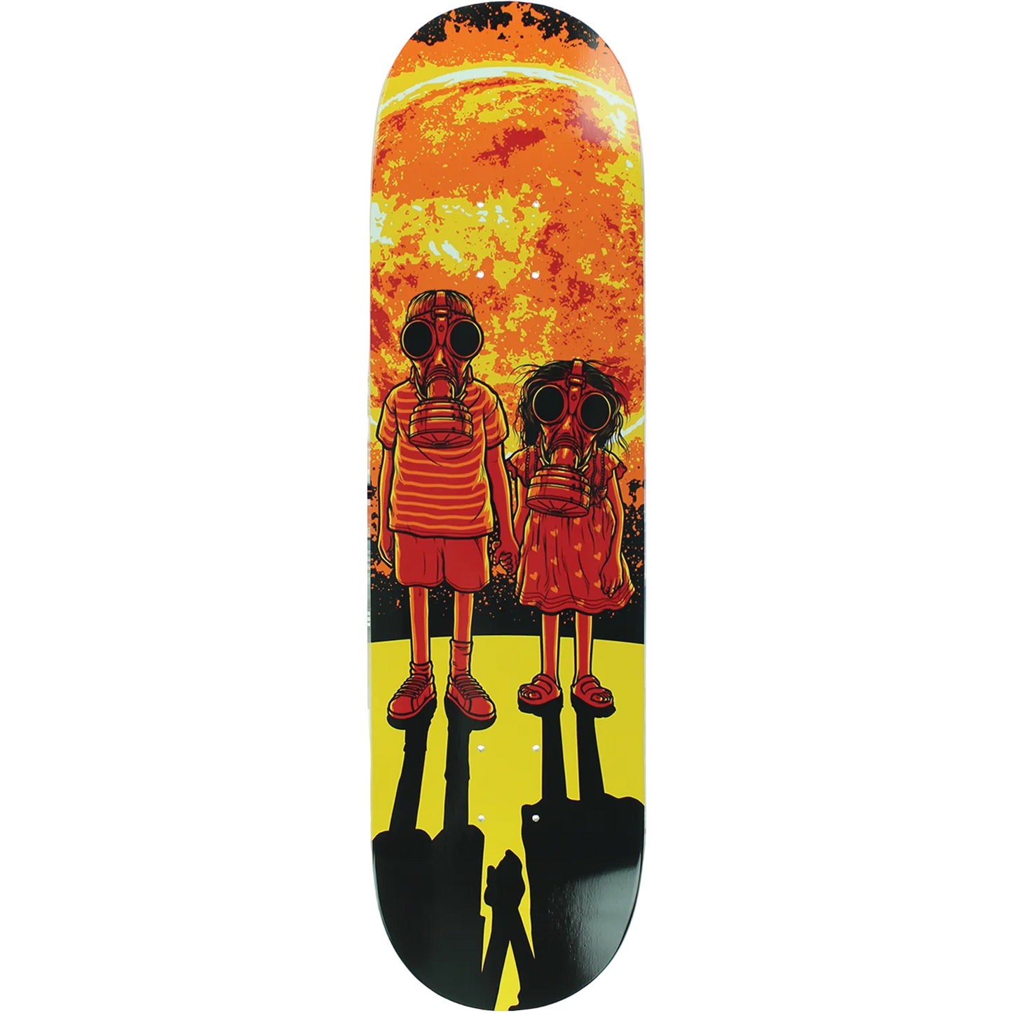 Skateboard deck with a design of two people in gas masks against a fiery background