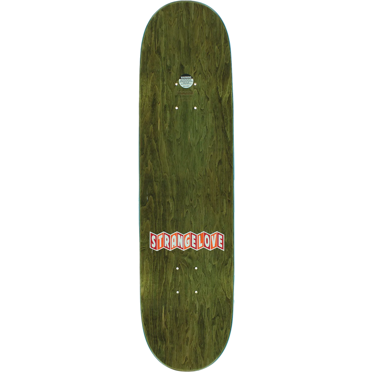 Wooden skateboard deck with 'StrangeLove' logo on a white background