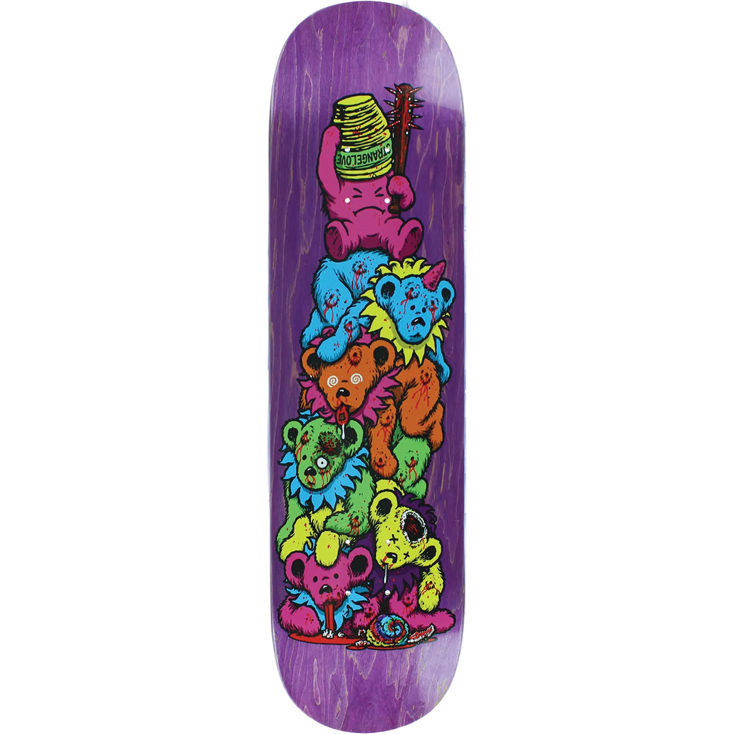 Colorful skateboard deck with cartoon characters on a purple background