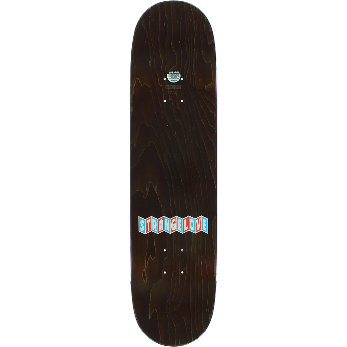 Skateboard deck with 'Stranger' logo on a white background