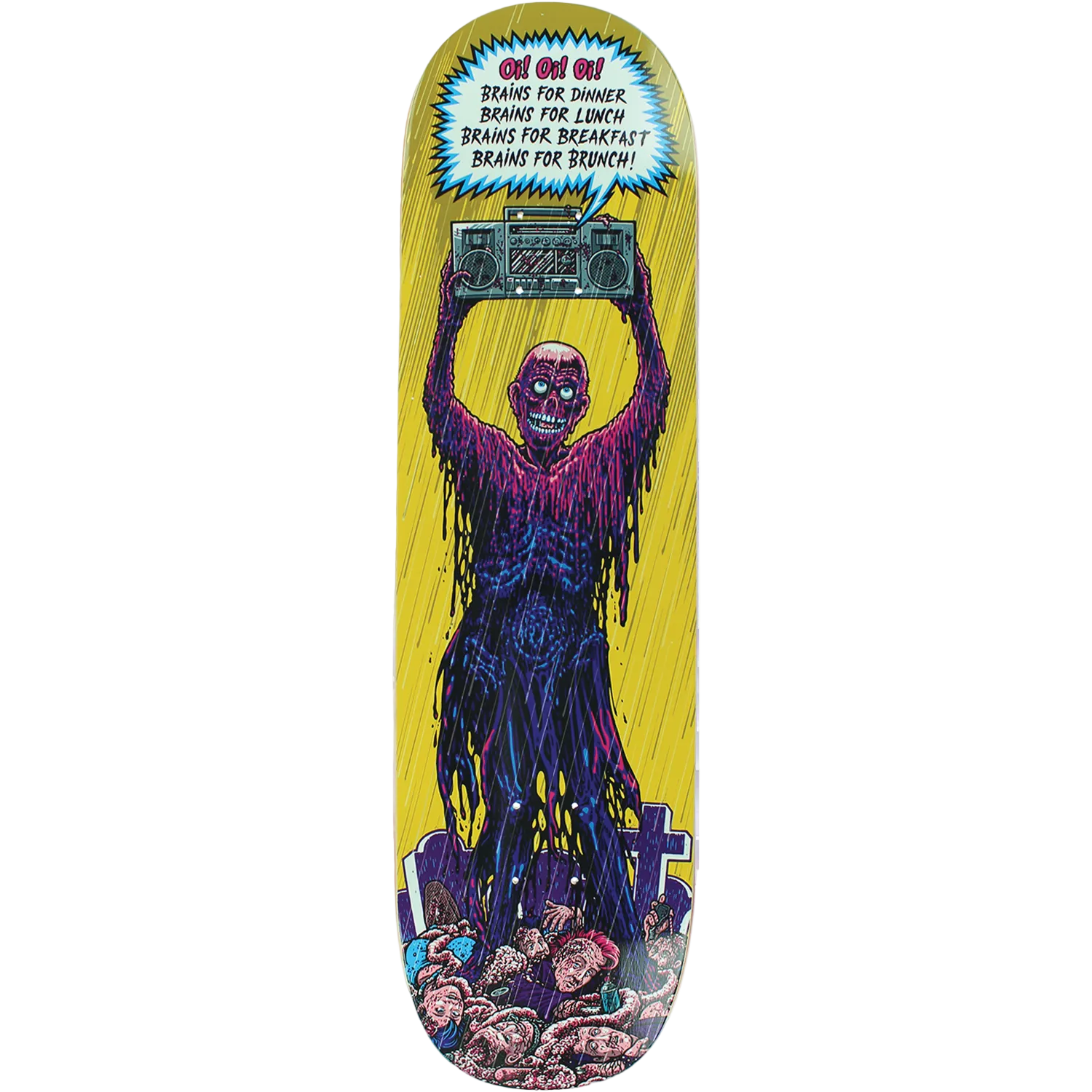 Skateboard deck with a zombie design and text on a yellow background