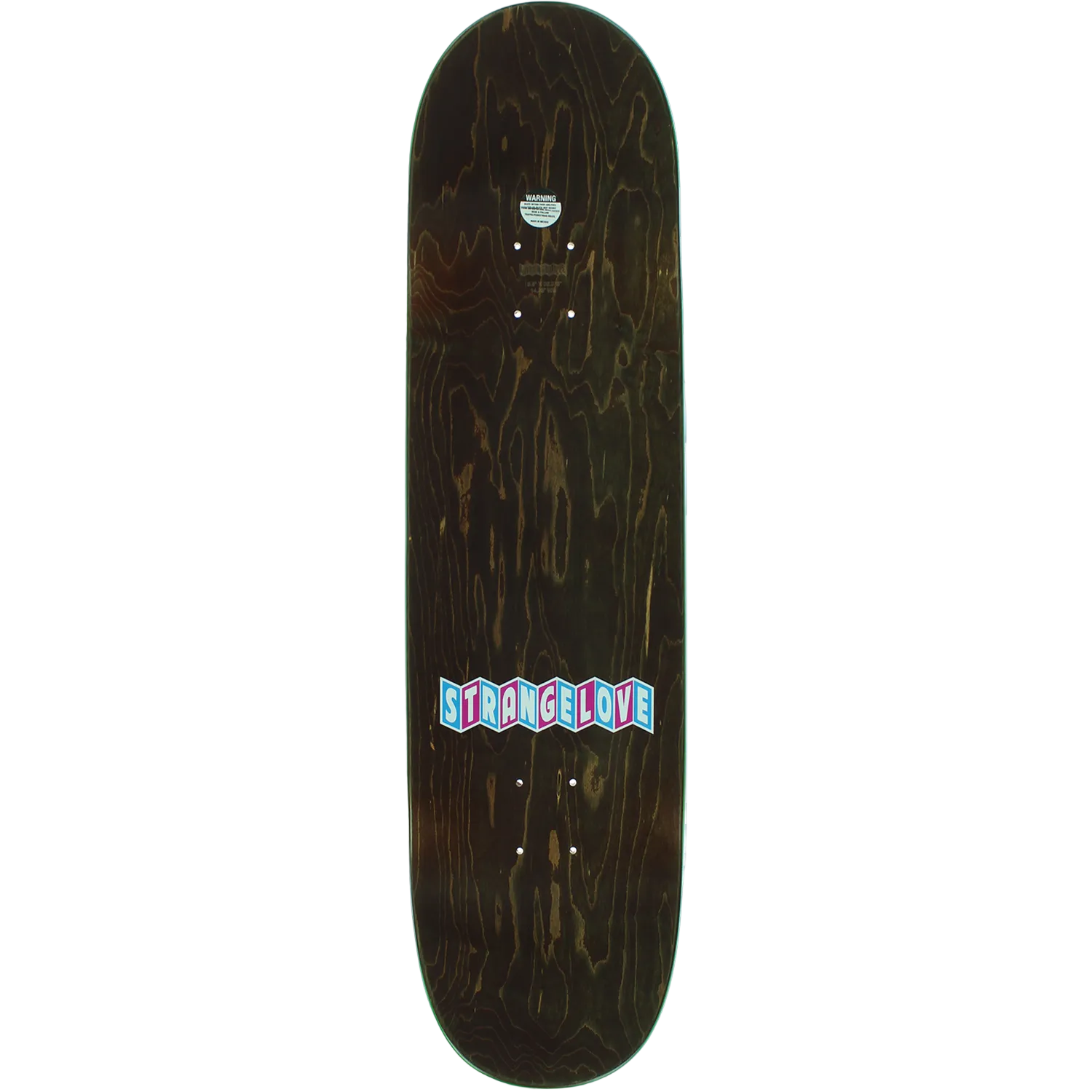 Skateboard deck with a dark wood finish and colorful branding on a white background
