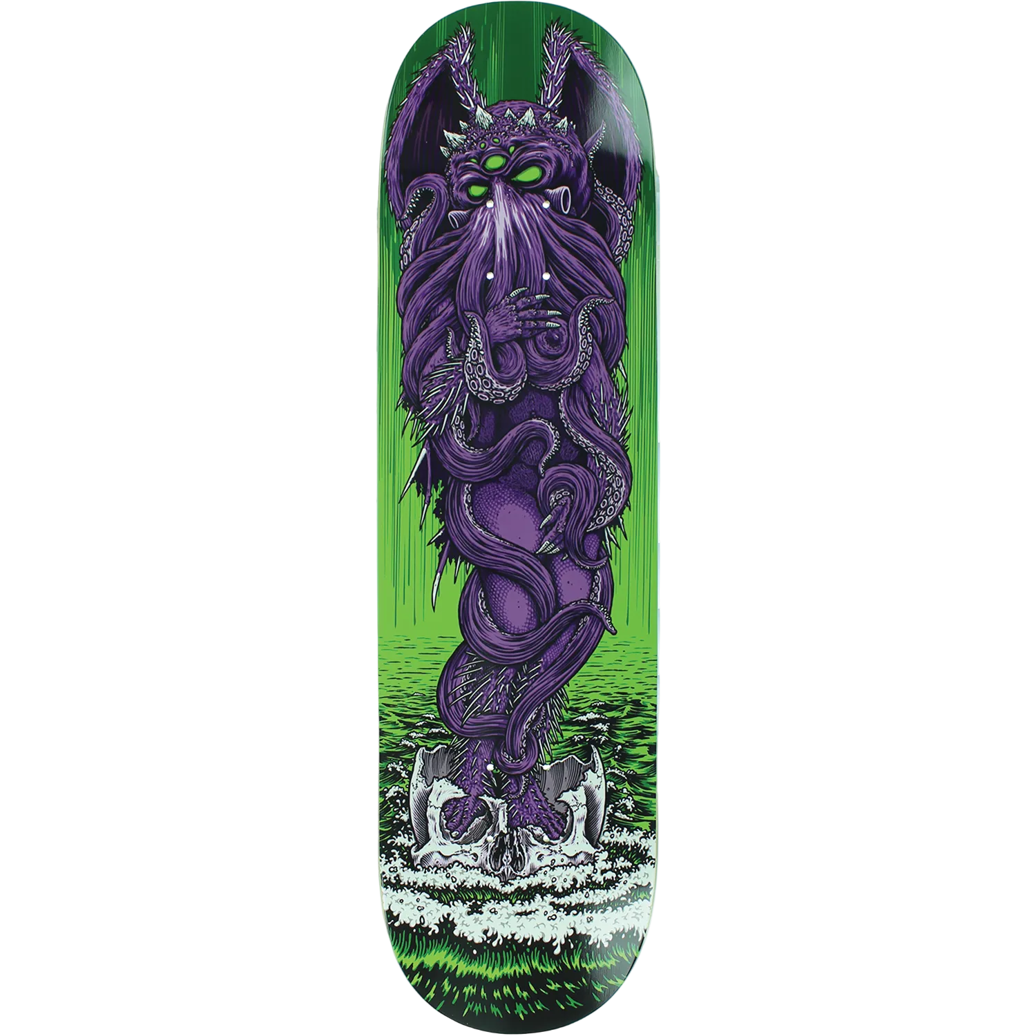 Skateboard deck with a purple and green dragon design on a white background