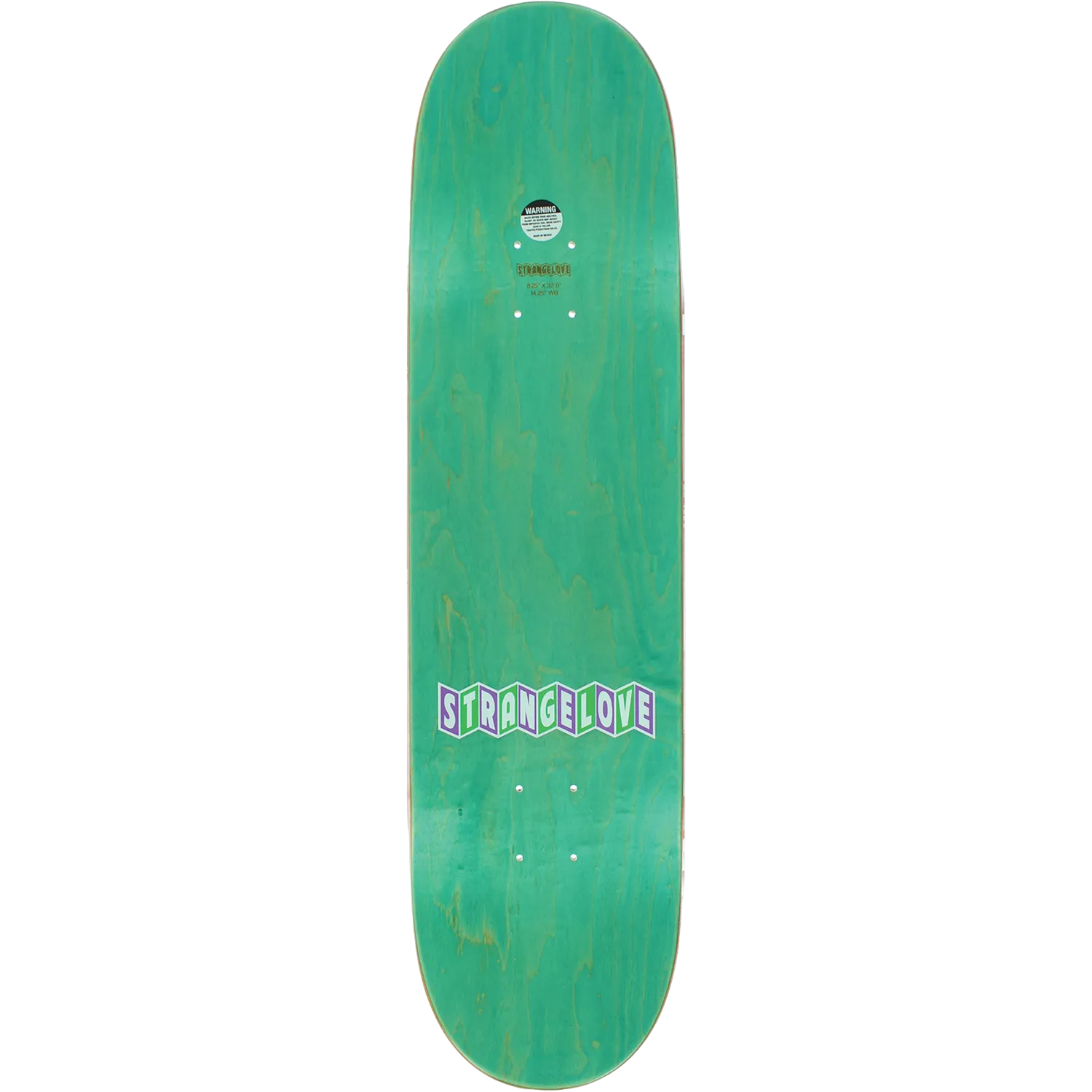 Green skateboard deck with 'Stranglelove' branding on a white background