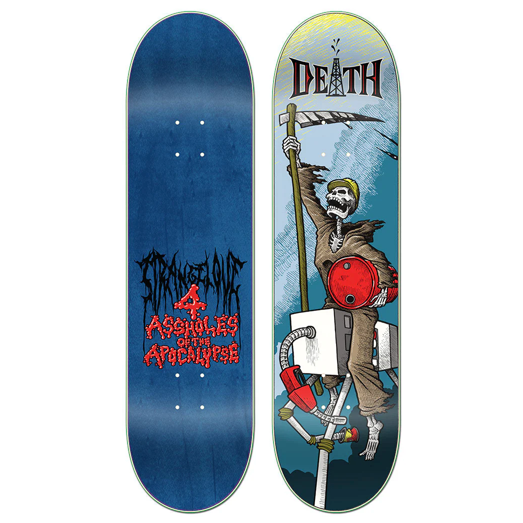 Skateboard deck with skeleton holding a noose and 'Death' text on a white background