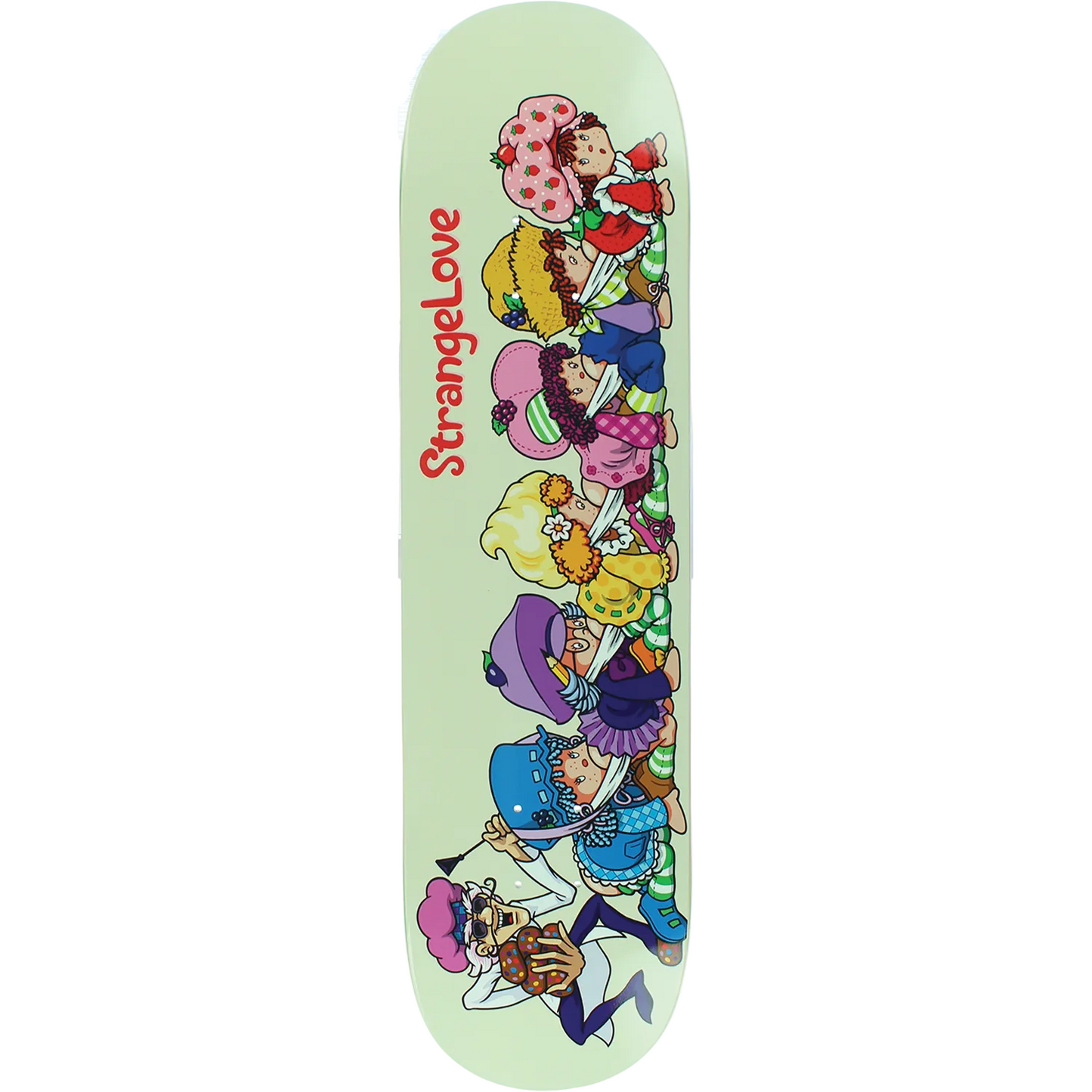 Skateboard deck with colorful character design and 'Strange Love' text on a light green background