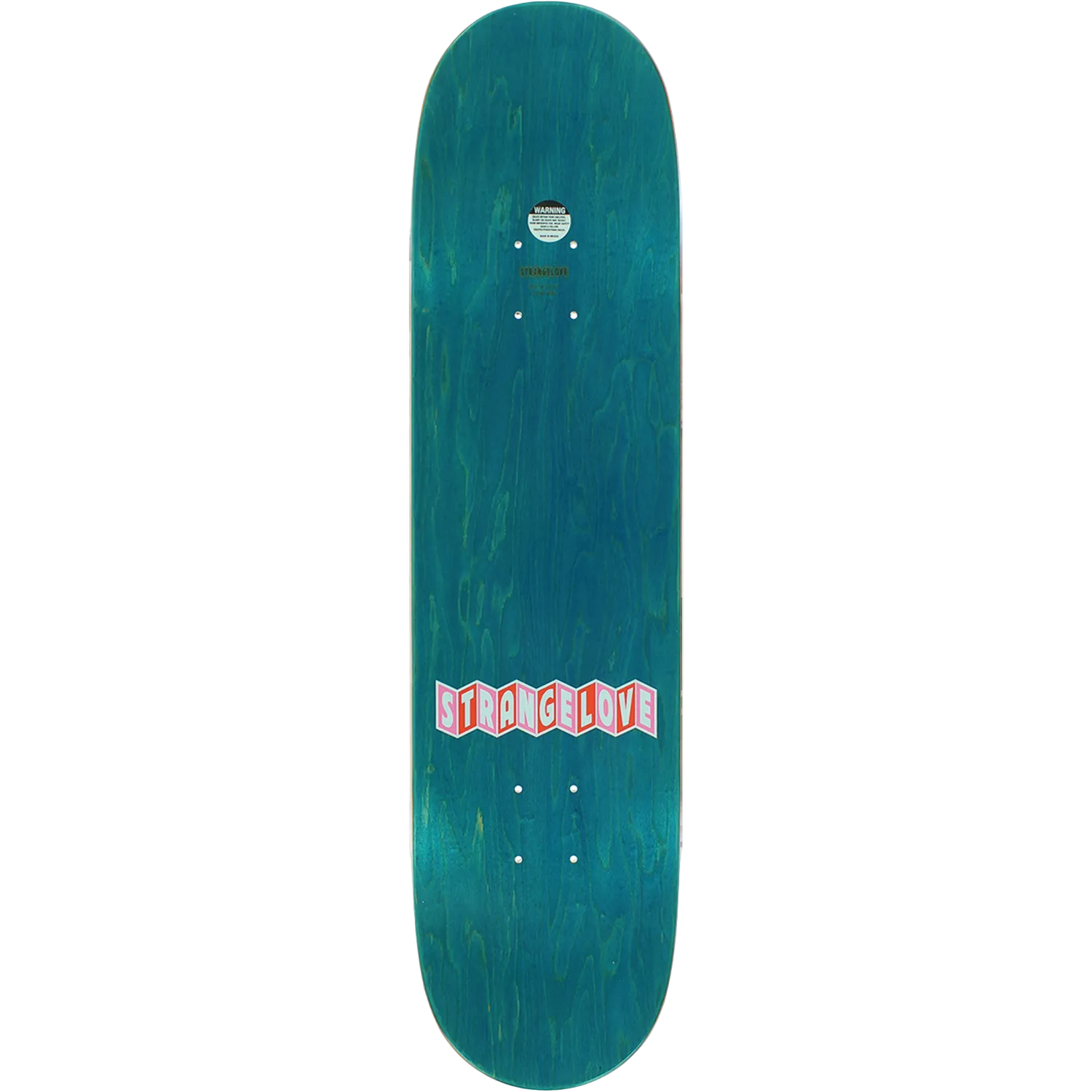 Teal skateboard deck with a red and white logo on a white background