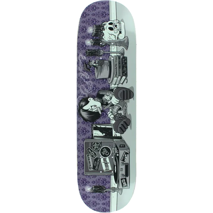 Skateboard deck with skeleton design on a white background