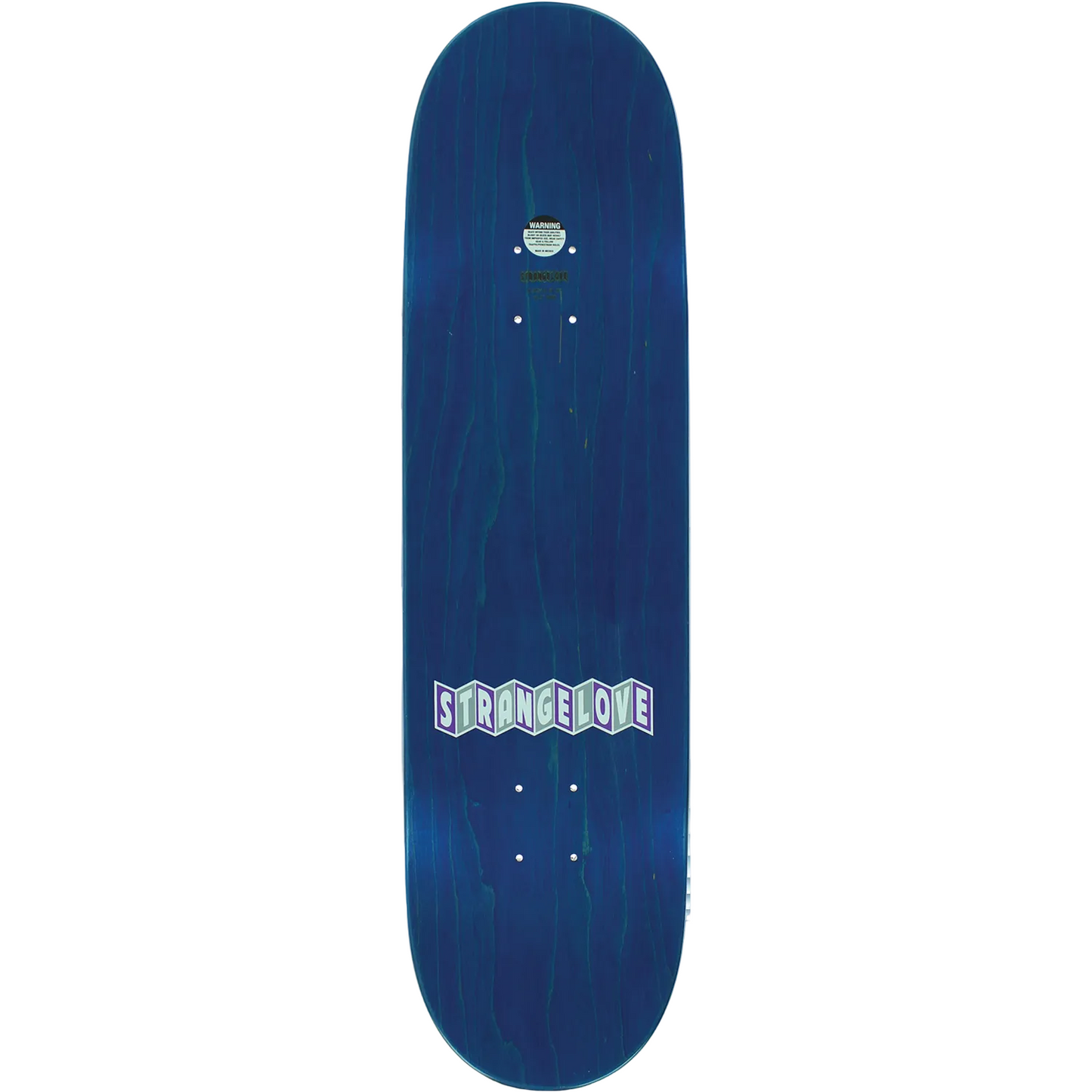 Blue skateboard deck with 'Stranger Love' logo on a white background