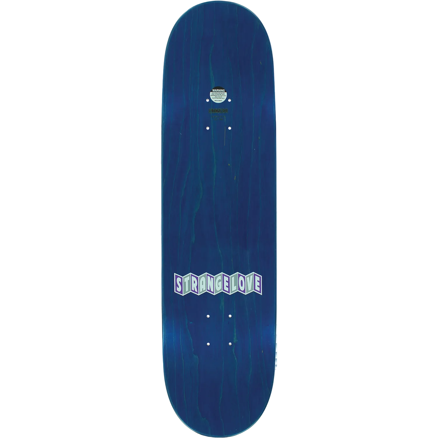 Blue skateboard deck with 'Stranger Love' logo on a white background