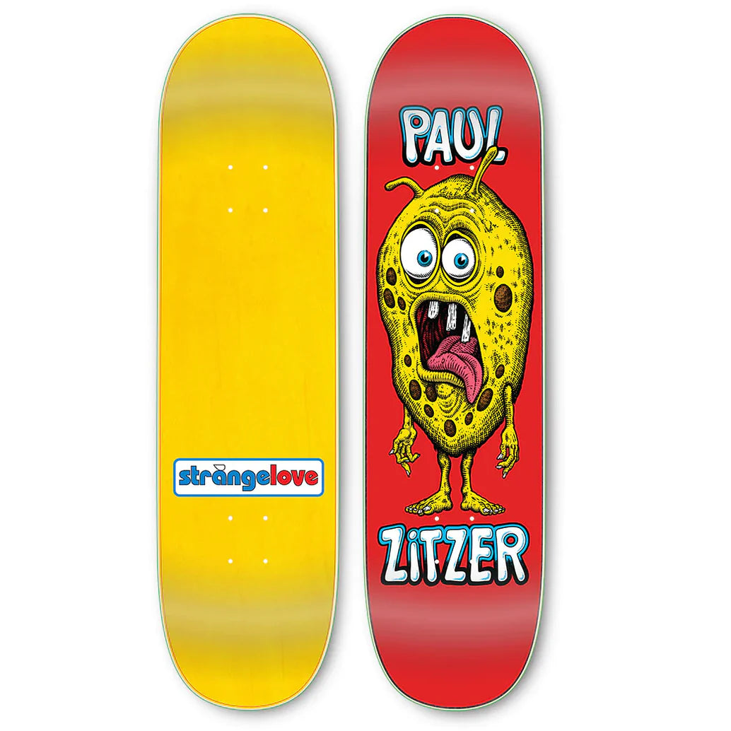 Two skateboard decks, one yellow and one red with a cartoon character, on a white background.