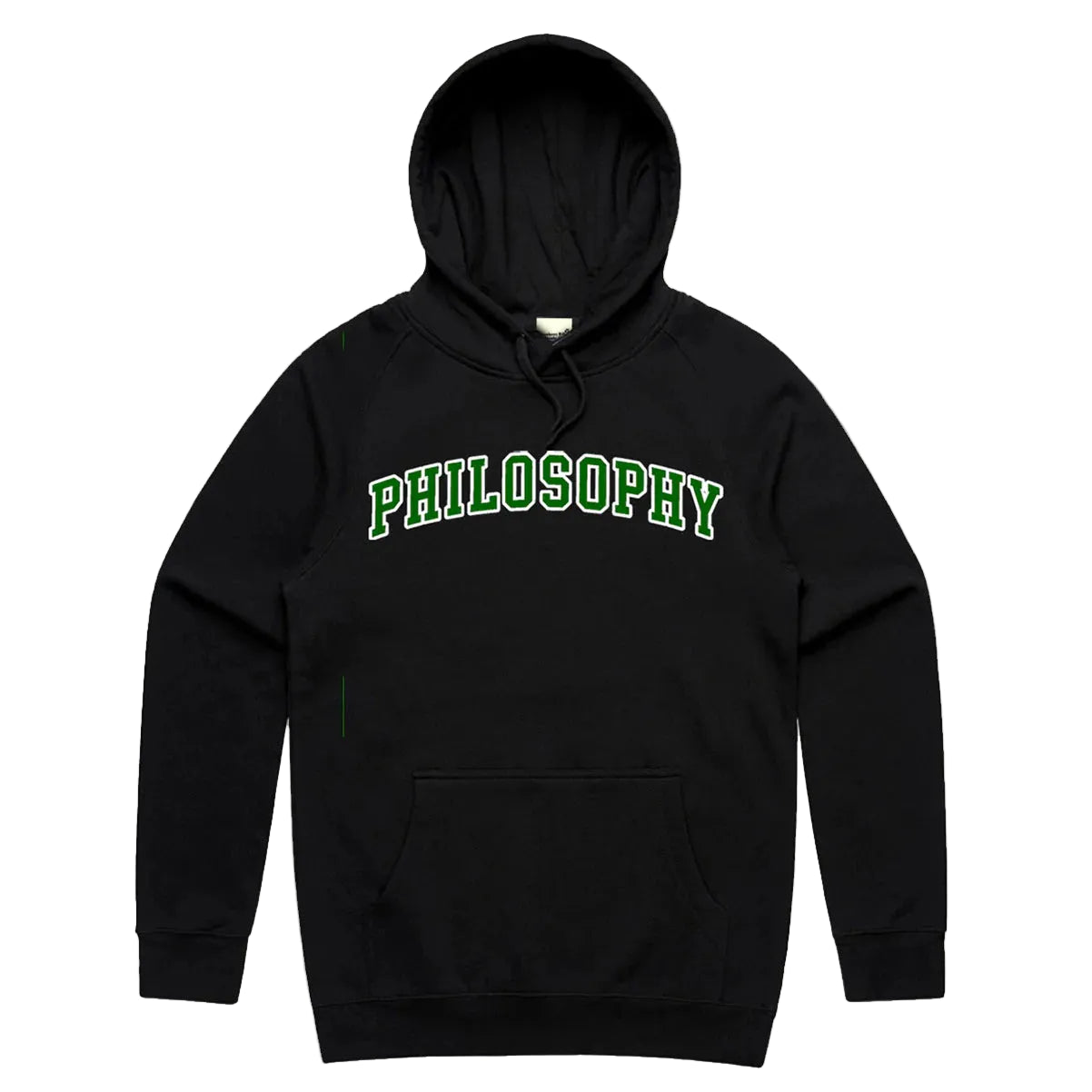 Black hoodie with 'PHILOSOPHY' text in green on a white background