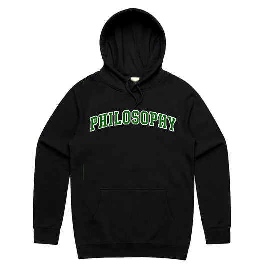 Black hoodie with 'PHILOSOPHY' text in green on a white background