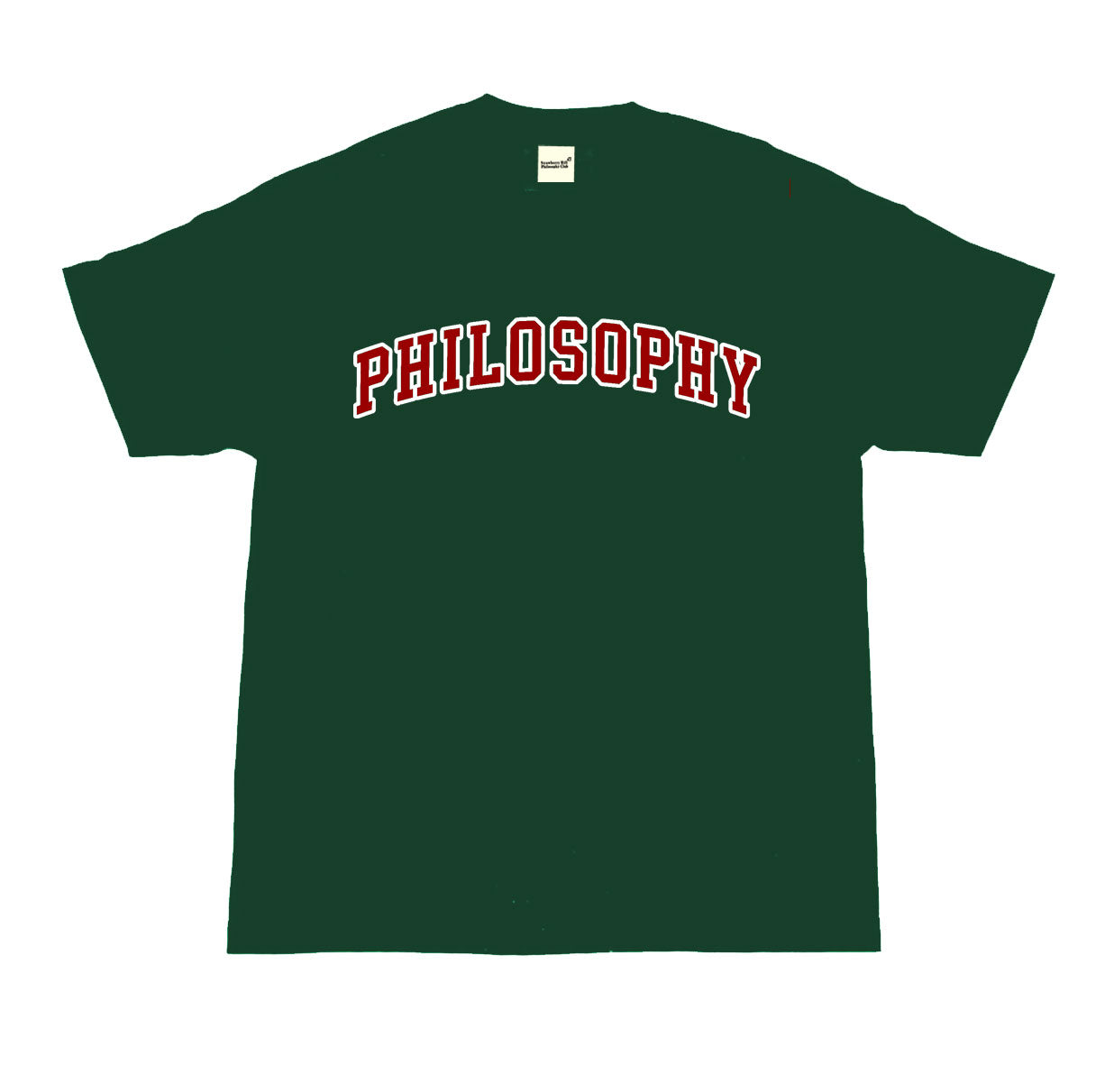 Green t-shirt with 'PHILOSOPHY' printed in red and white on a white background
