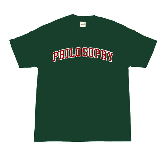 Green t-shirt with 'PHILOSOPHY' printed in red and white on a white background