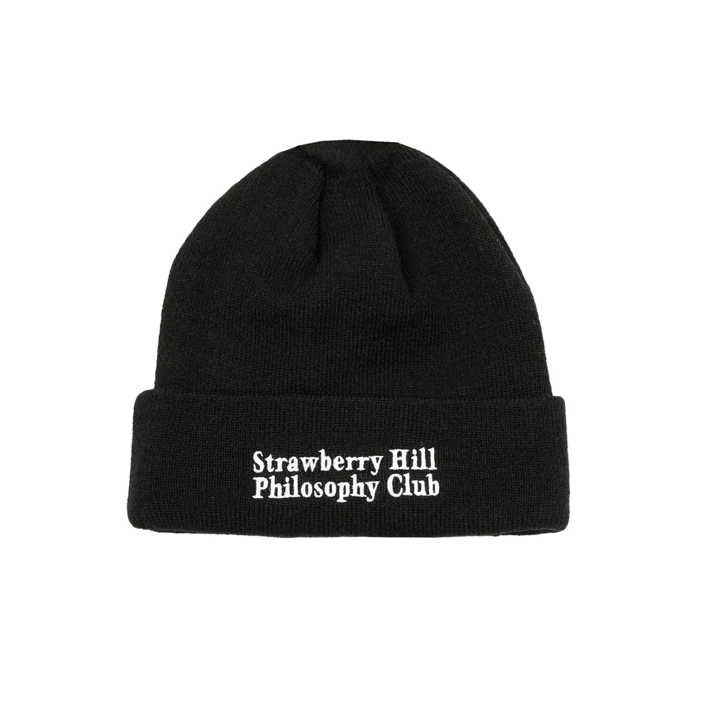 Black beanie with 'Strawberry Hill Philosophy Club' text on a white background